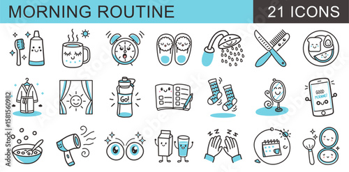 A diverse set of 21 outline icons ideal for planners and wellness apps, showcasing Morning Routine activities like brushing teeth, stretching, showering, making the bed, coffee, breakfast, and dressin