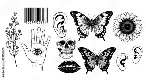 Collection of diverse tattoo flash art featuring flowers, skulls, and butterflies