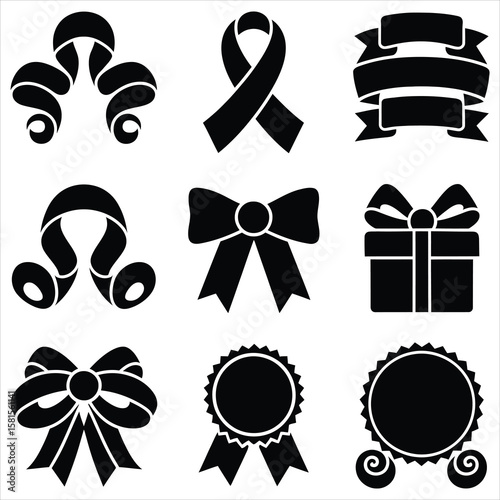 Black ribbon bow gift award rosette banner icons vector