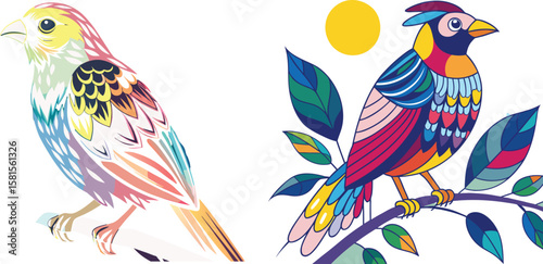 A stylized digital illustration of two colorful birds against a white background