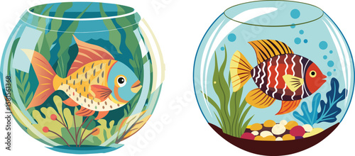 A digital illustration of two round fishbowl terrariums side by side