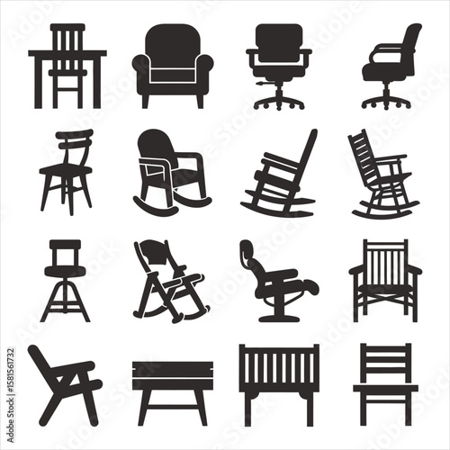 Diverse collection of black chair and table icons rocking chair office chair