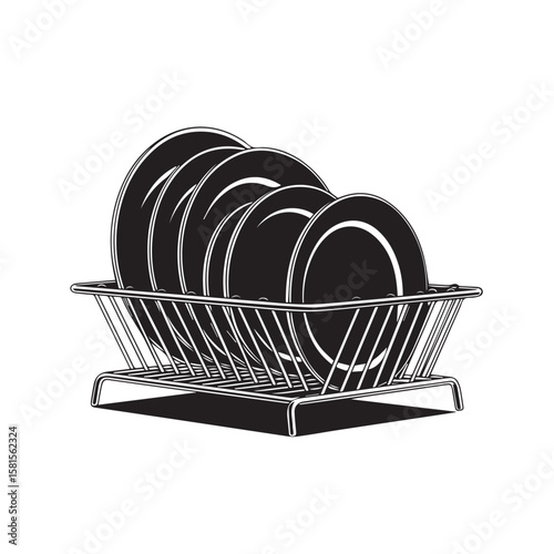 Black and white illustration of clean plates stacked neatly in a metal dish drying rack on a white background