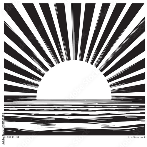 Abstract sunset over water with sun rays in black and white illustration