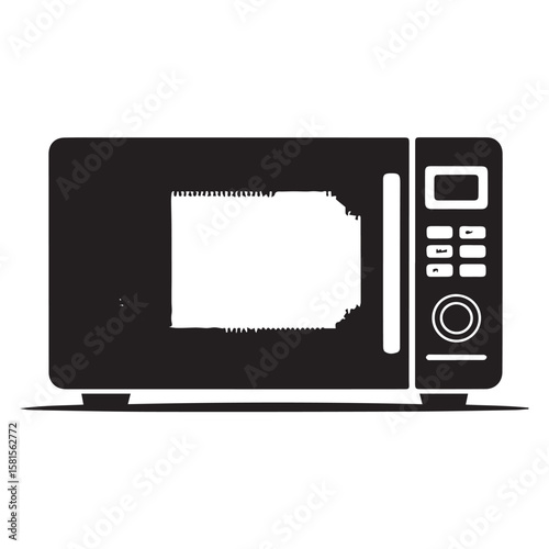 Simple black silhouette of a modern microwave oven with a digital display and control panel on a white background