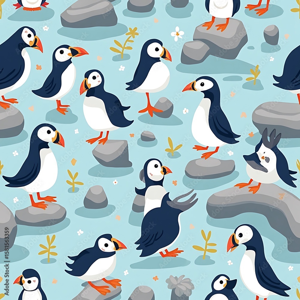 Obraz premium Cute Birds Standing on Rocks Seamless Pattern Design