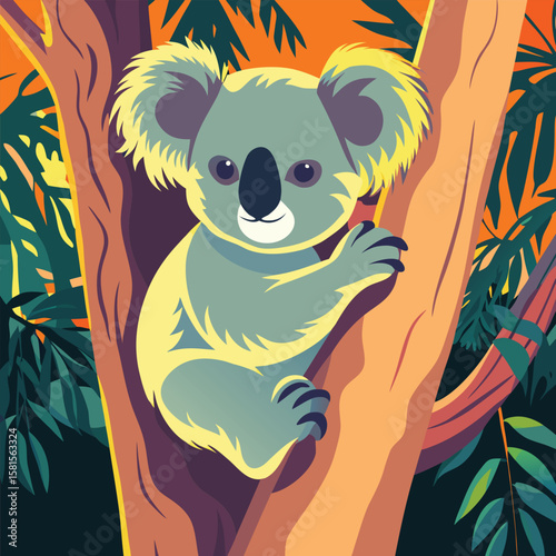 A stylized digital illustration of a koala bear clinging to a eucalyptus tree trunk against a vibrant orange and green background