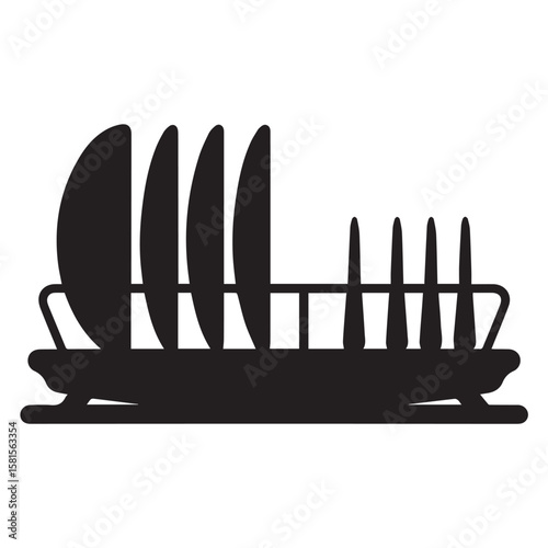 Simple black silhouette of a dish drying rack with plates and cutlery neatly arranged on a white background
