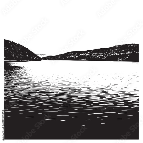 Artistic black and white illustration of a calm lake surrounded by mountainous terrain scenery