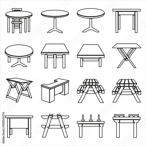 Various tables and seating arrangements depicted in a simple line art style chairs furniture