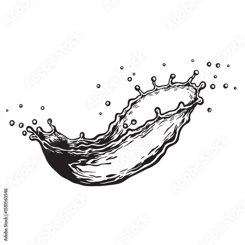 Artistic black and white water splash illustration isolated on a clean white background