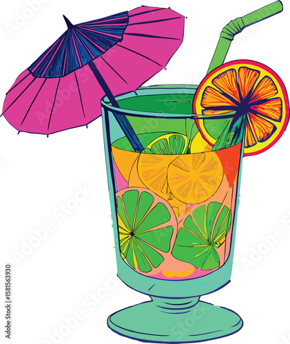 A stylized illustration of a tropical cocktail in a turquoise glass with a footed base