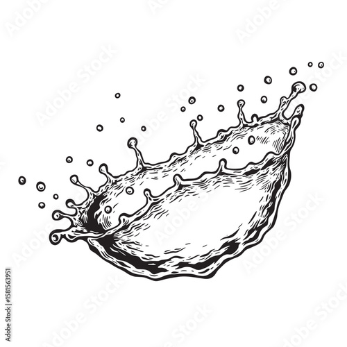 Artistic black and white water splash illustration with bubbles isolated on white background