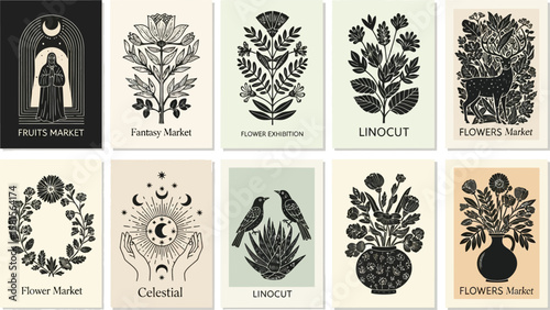 Diverse collection showcases linocut botanical art and celestial designs