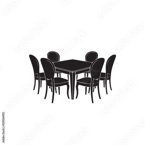 Elegant black silhouette of a square dining table surrounded by six classic upholstered chairs on a white background