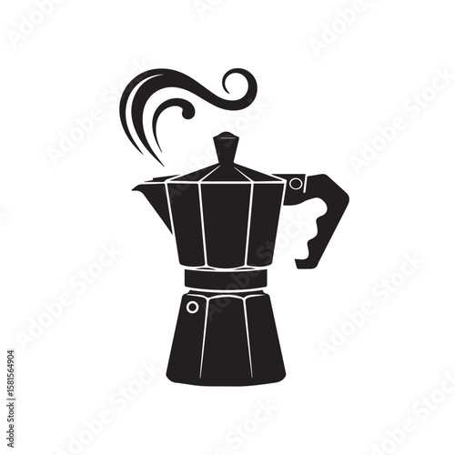 Classic black silhouette of a steaming moka pot coffee maker on a white background