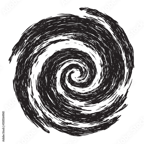 Black and white hand drawn spiral vortex artistic graphic design element on white background