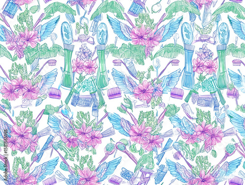 Toothbrush floral pattern with wings, white background, pastel colors