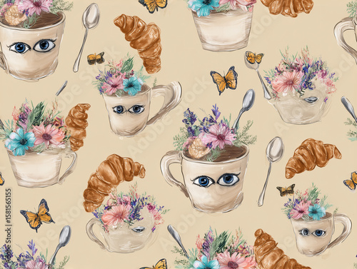 Coffee cups with eyes and flowers, beige background, vibrant colors