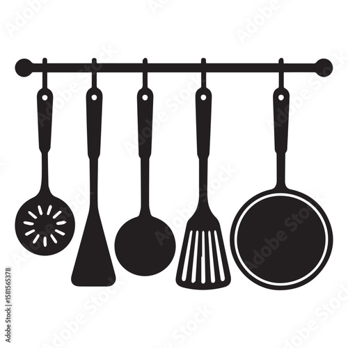Collection of five essential black silhouette kitchen utensils hanging on a rod against a white background