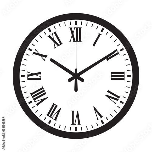 Classic analog clock face with black roman numerals and hands on a white background
