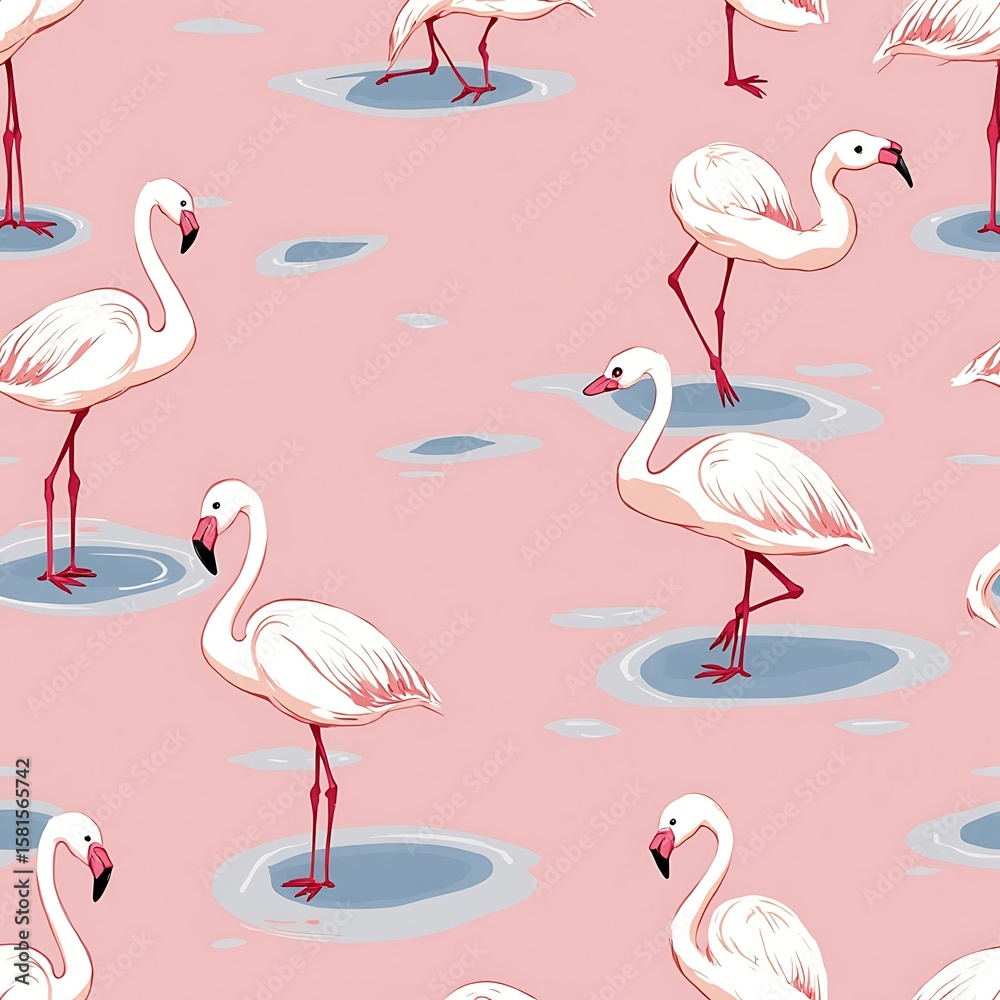 Fototapeta premium Flamingo Standing in Water Pattern Pink Background