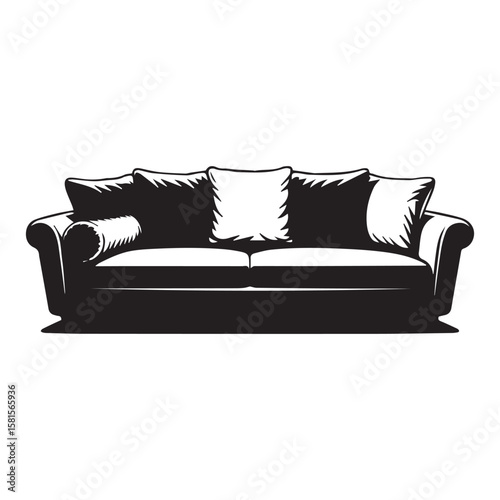 Classic black silhouette of a comfortable sofa with plush cushions and rolled arms on a white background
