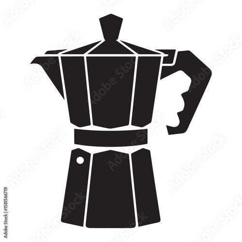 Simple black silhouette of a classic stovetop moka pot coffee maker on a white background