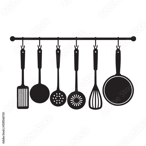 Collection of six black silhouette kitchen utensils hanging on a rod against a white background