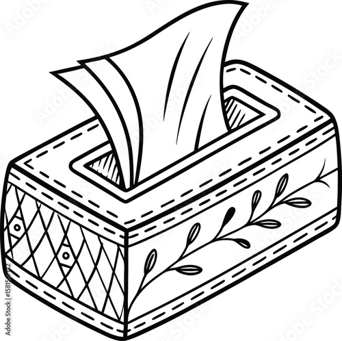 Tissue box with tissues drawn in black and white vector illustration.