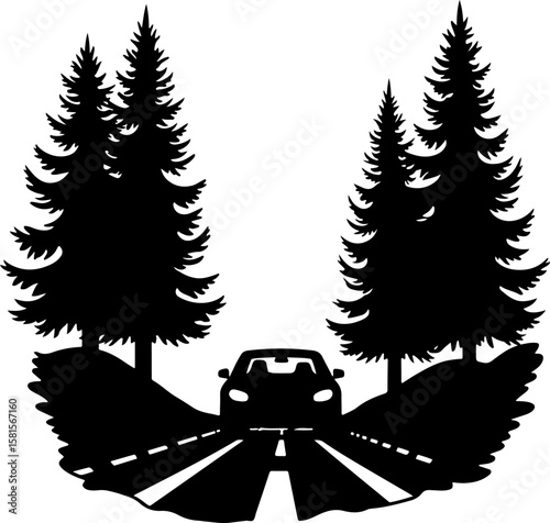 car in the forest, car, truck, vector, icon, transport, vehicle, transportation, illustration, auto, cartoon, road, design, automobile, delivery, sign, silhouette, symbol, trailer, traffic, bus, tract