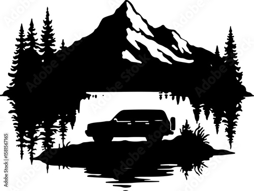 car in the forest, car, truck, vector, icon, transport, vehicle, transportation, illustration, auto, cartoon, road, design, automobile, delivery, sign, silhouette, symbol, trailer, traffic, bus, tract