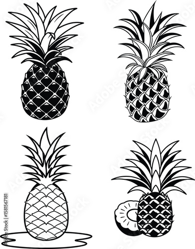 Four Stylish Pineapple Illustrations Black and White Tropical Fruit Designs.