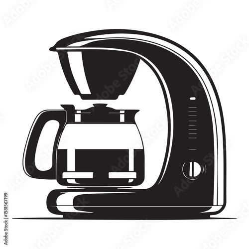 Stylized black silhouette of a modern drip coffee maker with a full glass carafe on a white background