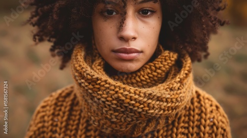 Young woman with curly hair and cozy knit scarf in autumn