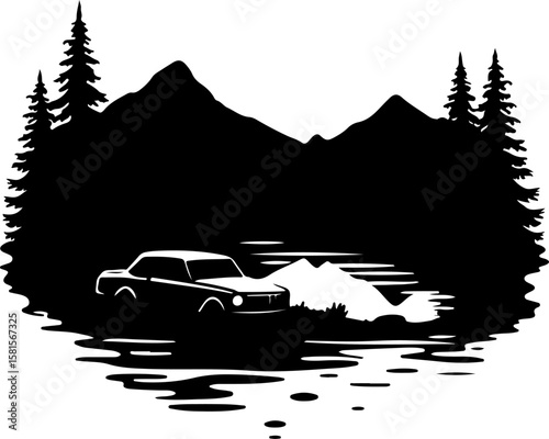 car in the forest, car, truck, vector, icon, transport, vehicle, transportation, illustration, auto, cartoon, road, design, automobile, delivery, sign, silhouette, symbol, trailer, traffic, bus, tract