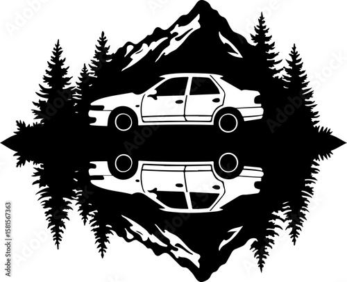 car in the forest, car, truck, vector, icon, transport, vehicle, transportation, illustration, auto, cartoon, road, design, automobile, delivery, sign, silhouette, symbol, trailer, traffic, bus, tract