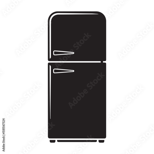 Simple black silhouette of a retro style refrigerator with a freezer on top and rounded corners on a white background