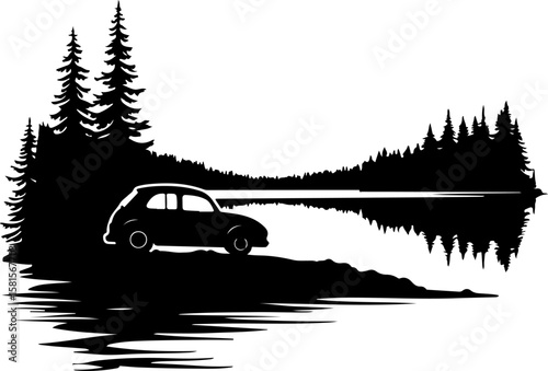 car in the forest, car, truck, vector, icon, transport, vehicle, transportation, illustration, auto, cartoon, road, design, automobile, delivery, sign, silhouette, symbol, trailer, traffic, bus, tract