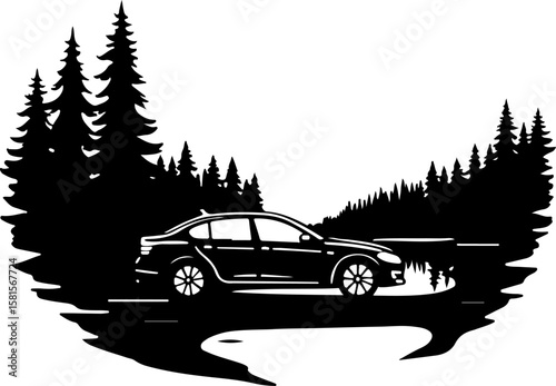 car in the forest, car, truck, vector, icon, transport, vehicle, transportation, illustration, auto, cartoon, road, design, automobile, delivery, sign, silhouette, symbol, trailer, traffic, bus, tract