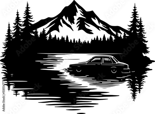 black silhouette of a car on bridge ,car, road, auto, vehicle, automobile, transportation, speed, transport, drive, traffic, travel, driving, tree, street, sport, nature, white, fast, wheel, winter