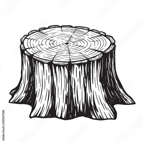 Detailed black and white hand drawn illustration of a textured tree stump isolated on white background