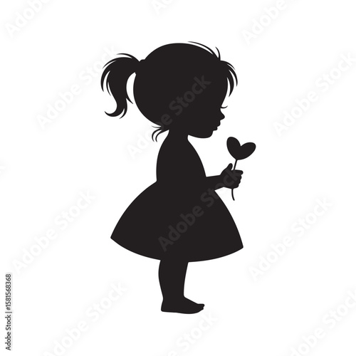 Silhouette of a little girl with a ponytail holding a heart shaped flower in her hand