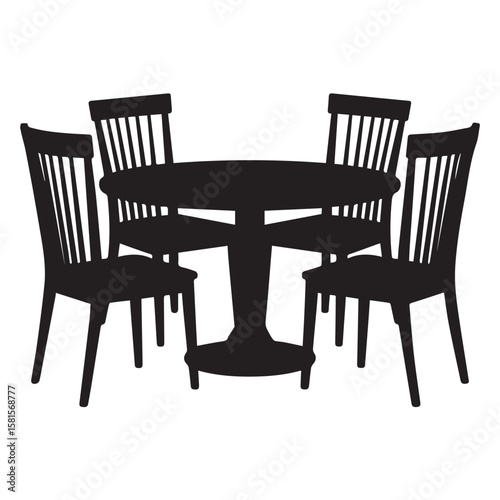 Silhouette of a round dining table with four chairs featuring vertical slats on a white background