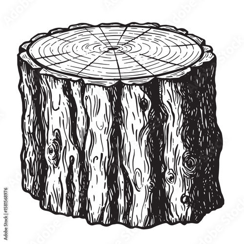 Detailed hand drawn illustration of a tree stump showing rings and wood grain texture