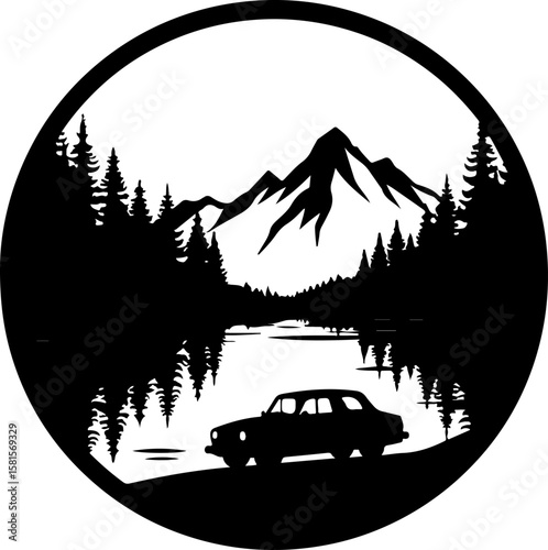 car in the forest, car, truck, vector, icon, transport, vehicle, transportation, illustration, auto, cartoon, road, design, automobile, delivery, sign, silhouette, symbol, trailer, traffic, bus, tract