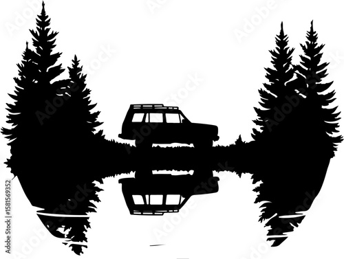 car in the forest, car, truck, vector, icon, transport, vehicle, transportation, illustration, auto, cartoon, road, design, automobile, delivery, sign, silhouette, symbol, trailer, traffic, bus, tract