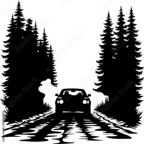 car in the forest, car, truck, vector, icon, transport, vehicle, transportation, illustration, auto, cartoon, road, design, automobile, delivery, sign, silhouette, symbol, trailer, traffic, bus, tract