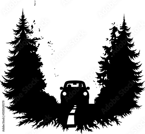 car in the forest, car, truck, vector, icon, transport, vehicle, transportation, illustration, auto, cartoon, road, design, automobile, delivery, sign, silhouette, symbol, trailer, traffic, bus, tract