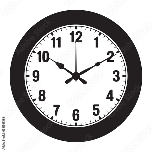 Simple black and white analog clock face showing ten minutes past ten with a clean modern design